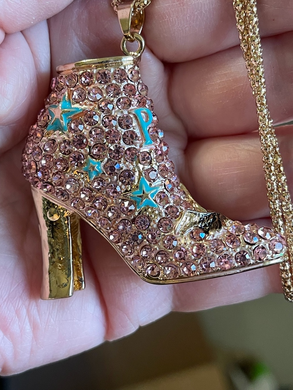 Pink Crystal High-Heel Pendant Necklace with Teal Accents. NWOT